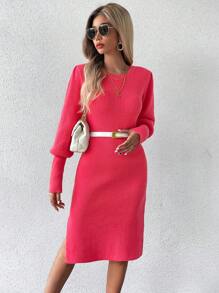 SHEIN Clasi 素色下擺開叉毛衣洋裝 - 玫紅色 - 查看 7