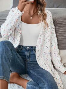 SHEIN LUNE 针织落肩长袖开衫，女士春秋休闲常规袖宽松白色纯色女士开衫，休闲日常装，长袖上衣 - 白色 - 查看 3