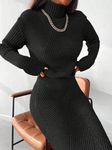 EURMUSE Turtleneck Ribbed Knit Sweater & Knit Skirt - Black - View 4