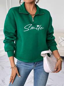SHEIN Essnce Letter Graphic Half Zip Drop Shoulder Sweatshirt - Green - View 5