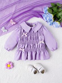 SHEIN Baby Girl Bow Front Ruffle Hem Shirred Blouse - Purple - View 1