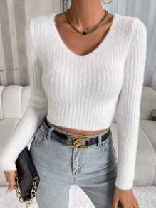 Chiquease 纯色毛绒针织短款套头衫秋冬毛衣 - 白色 - 查看 6