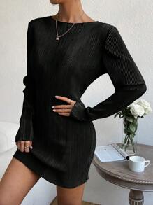 SHEIN EZwear Rippenstrick Einfarbig Lässig Kleid - Schwarz - Übersicht 4