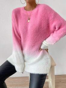 SHEIN LUNE Ombre Drop Shoulder Fluffy Knit Sweater,Long Sleeve Tops Knit Pullover Fall Winter Sweater - Multicolor - View 5