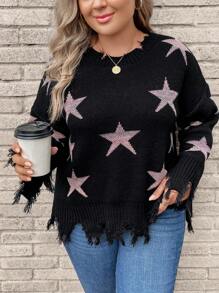 SHEIN LUNE Talla grande Jersey con patrón de estrella de hombros caídos roto ribete - Negro - Ver 4