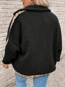 SHEIN LUNE Plus Leopard Pattern Teddy Coat - Black - View 3