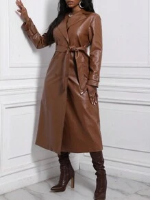 Slaydiva 雙排釦腰帶亮面風衣外套 - 棕色 - 查看 1