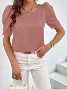 SHEIN Privé 素色泡泡袖襯衫 - 藕粉色 - 查看 4