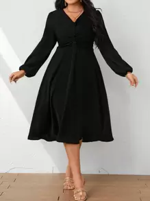 SHEIN Unity 大碼前扭結燈籠袖洋裝 - 黑色 - 查看 6