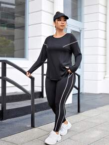 SHEIN Sports Plus Size Top-Stitching Sports Tee & Top-Stitching Sports Tee & Leggings Workout Women Set - Black - View 5
