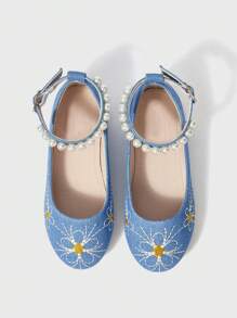 Fashionable Country Style Embroidered Denim Children's Flat Shoes With Pearls For Autumn