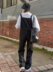 DAZY Slant Pocket Denim Dungarees Without Sweatshirt - Black - View 2