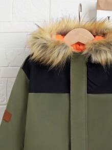 SHEIN Tween Boy Fuzzy Trim Hooded Padded Coat - Army Green - View 4