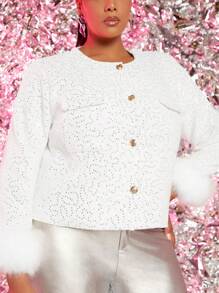 SHEIN SXY 大碼毛茸茸袖口翻蓋口袋前紐扣花呢外套 - 白色 - 查看 6