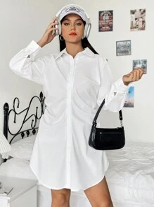 SHEIN EZwear Plus Ruched Button Front Shirt Dress - White - View 1