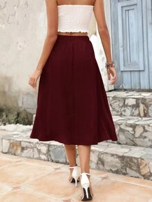 Solid Slant Pocket Flare Skirt - Burgundy - View 2