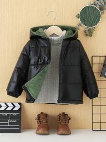 SHEIN Young Boy Zip Up Hooded Padded Coat - Black - View 3