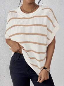 SHEIN LUNE Striped Pattern Batwing Sleeve Knit Top - Apricot - View 4