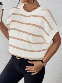 SHEIN LUNE Striped Pattern Batwing Sleeve Knit Top - Apricot - View 6