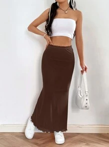 Muchica 素色木耳邊魚尾短裙 - 棕色 - 查看 3