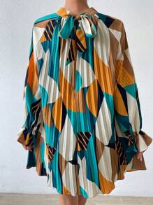 Breezaya Geo Print Flare Sleeve Pleated Detail Mock Neck Dress Vacation Beach Outfits Women Fall Cloth For Women - Multicolor - View 2