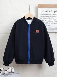 SHEIN Tween Boy Slogan Graphic Drop Shoulder Bomber Jacket Without Bag - Black - View 3