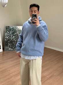 DAZY 男士纯色插肩袖半拉链开襟毛衣秋冬 - 淺藍色 - 查看 2