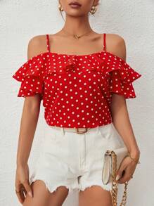 SHEIN Privé Polka Dot Cold Shoulder Ruffle Trim Blouse - Red and White - View 1