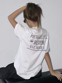 DAZY Camiseta de hombros caídos con estampado de slogan - Blanco - Ver 1