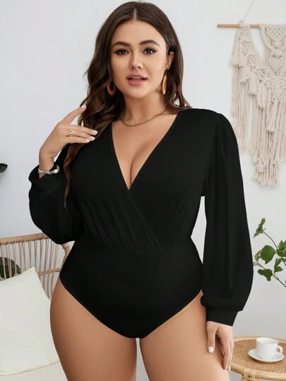 Easura Plus Deep V Neck Lantern Sleeve Bodysuit, Winter Fall Cloth For Women