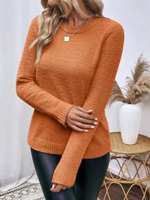 SHEIN Clasi Suéter de cuello redondo de punto sólido para otoño e invierno - Óxido marrón - Ver 5