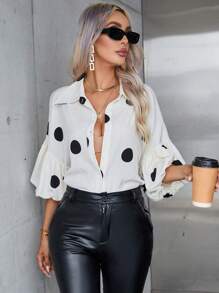 SHEIN Privé 波點圖案燈籠袖襯衫 - 杏色 - 查看 6