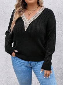 SHEIN LUNE Plus Guipure Lace Panel Drop Shoulder Sweater - Black - View 1