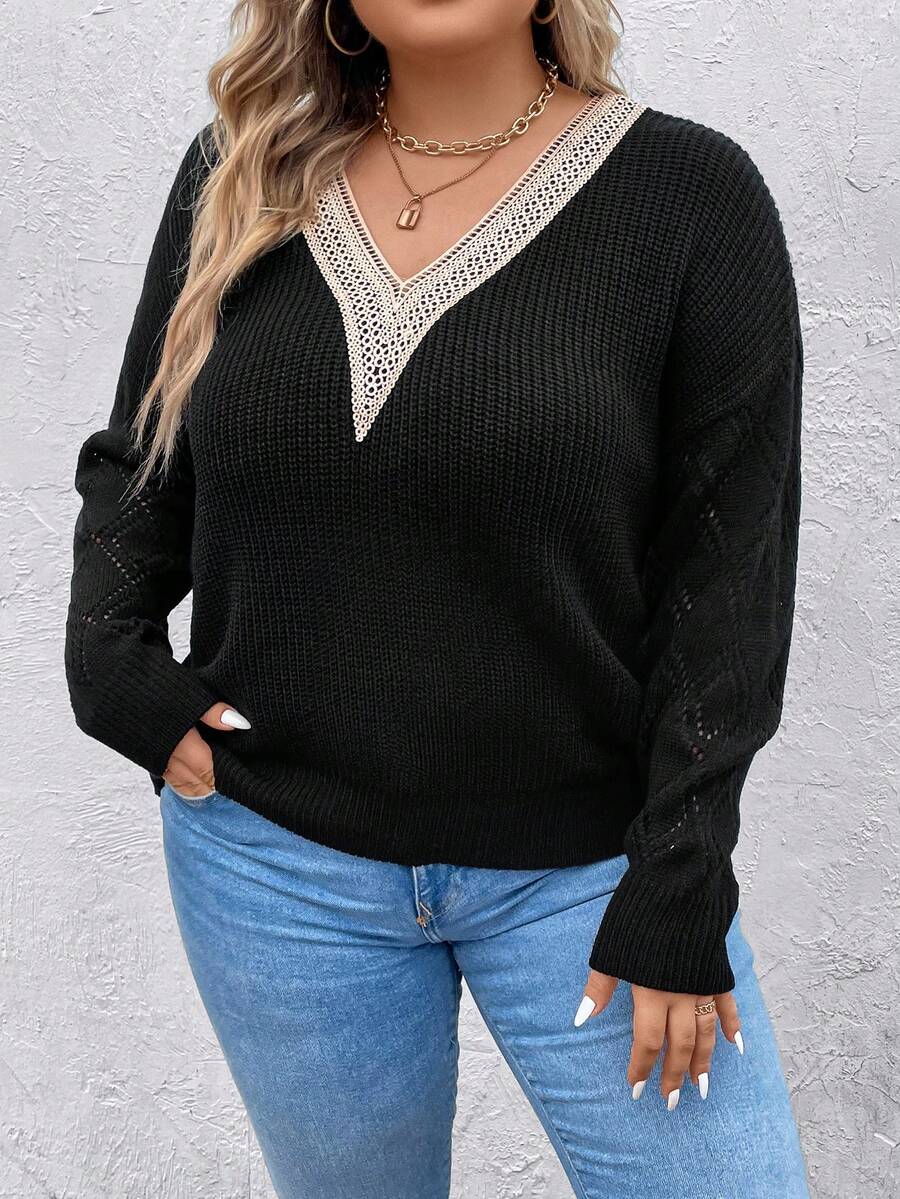 SHEIN LUNE Plus Guipure Lace Panel Drop Shoulder Sweater - Black - View 1