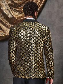 GENTILAND Men 1pc Gold Argyle Sequin Blazer - Multicolor - View 2