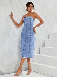 SHEIN Essnce 毛邊抹胸牛仔連衣裙 - 淺色水洗藍 - 查看 4