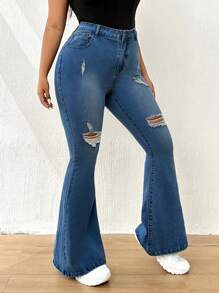 SHEIN ICON Plus Ripped Flare Leg Jeans - Medium Wash - View 3