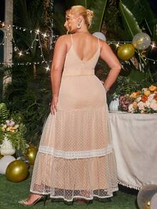 Glamaker 大碼蕾絲拼接荷葉邊網紗吊帶洋裝 - 淺粉色 - 查看 2