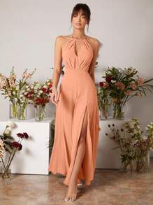 SHEIN Belle Cut Out Front Split Thigh Halter Neck Backless Bridesmaid Dress Elegant Wedding Bridal Dress