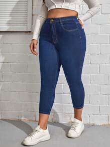 SHEIN Talla grande Jeans ajustados crop - Azul lavado oscuro - Ver 3