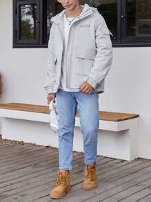 Manfinity Homme Loose Fit Men's Hooded Padded Coat With Letter Graphic And Flap Pockets - Light Grey - View 6