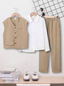 SHEIN Cậu bé Tween Chất rắn Áo khoác vest & Quần & Áo sơ mi - Màu Khaki - Xem 3