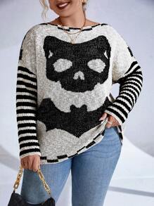 SHEIN Unity Plus Striped & Skull Pattern Drop Shoulder Sweater - Multicolor - View 1