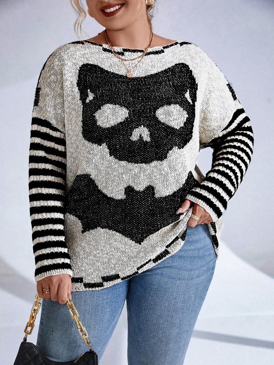 SHEIN Unity Plus Striped & Skull Pattern Drop Shoulder Sweater - Multicolor - View 1