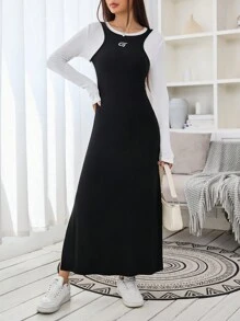 SHEIN EZwear 女士时尚通勤撞色拼接连衣裙 - 黑與白 - 查看 1