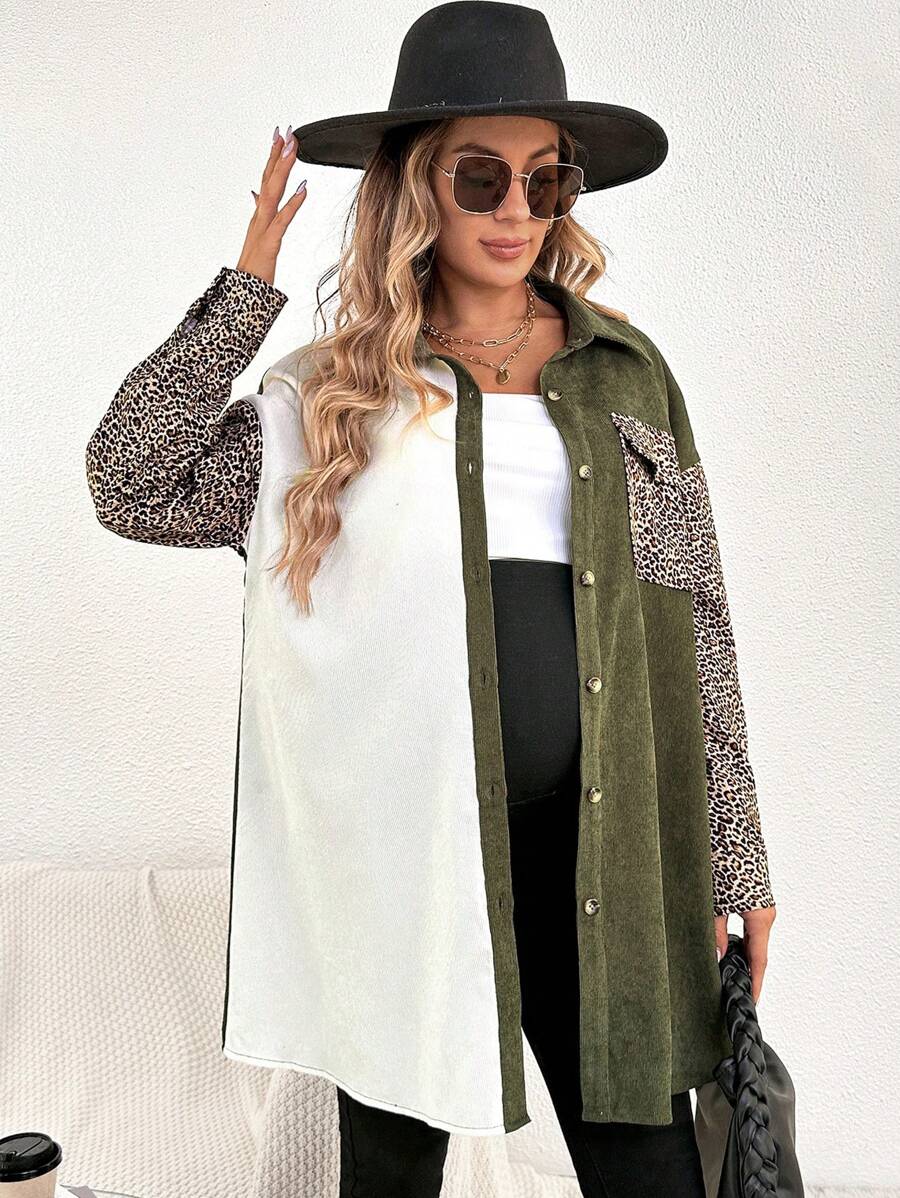 SHEIN 孕婦豹紋拼色落肩帶蓋口袋燈芯絨外套 - 彩色 - 查看 1