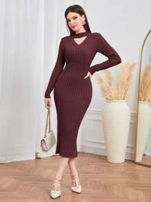 Modelyn Burgundy Red Choker Neck Cable Knit Bodycon Sweater Dress - Burgundy - View 3