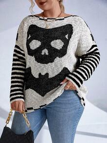 SHEIN Unity Plus Striped & Skull Pattern Drop Shoulder Sweater - Multicolor - View 3