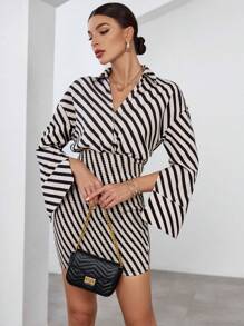 SHEIN Privé Vestido ajustado con estampado de rayas de manga con abertura