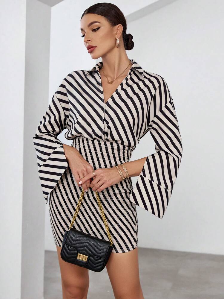 Striped Print Split Sleeve Bodycon Dress